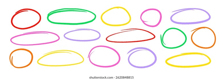 Color pencil circle scribble frame set. Handwritten color brush marker, crayon pencil scribble stroke line doodle childish oval frame. Grunge brush ellipse frame round highlight. Vector illustration