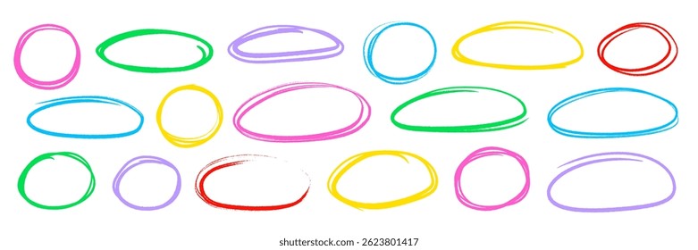 Color pencil circle scribble frame set. Handwritten color brush marker, crayon pencil scribble stroke line doodle childish oval frame. Grunge brush ellipse frame round highlight. Vector illustration