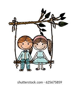 color pencil drawing of caricature blond guy and girl with pigtails hairstyle sit in swing hanging from a branch vector illustration