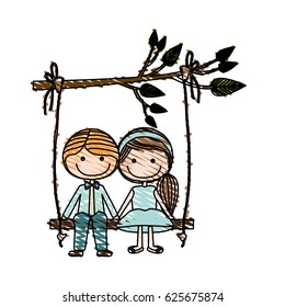 color pencil drawing of caricature blond guy in formal suit and girl with ponytail hairstyle sit in swing hanging from a branch vector illustration