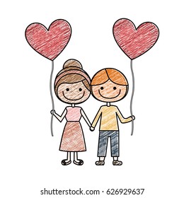 color pencil drawing of caricature of boy and girl with balloon in shape of heart vector illustration