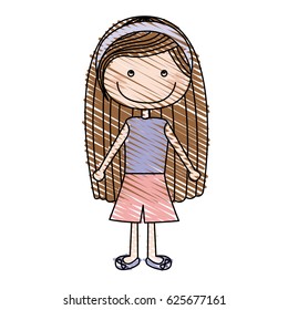 color pencil drawing of caricature brown long hair girl with shirt and skirt vector illustration