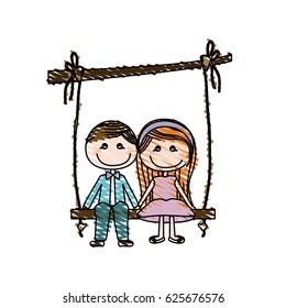 color pencil drawing caricature couple sit in swing hanging from branch vector illustration