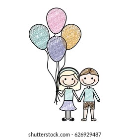 color pencil drawing of caricature of couple in suit informal with many balloons vector illustration
