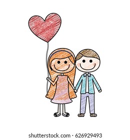 color pencil drawing of caricature of couple him in formal suit and her in dress with balloon in shape of heart vector illustration