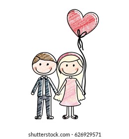 color pencil drawing of caricature couple of him in formal suit and her in dress with balloon in shape of heart vector illustration