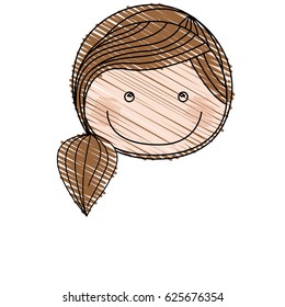 color pencil drawing of caricature front face girl with brown ponytail hair vector illustration