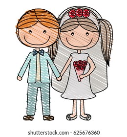 color pencil drawing of caricature groom with formal wear and bride with pigtails hairstyle vector illustration