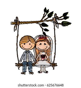 color pencil drawing of caricature married couple in swing hanging from a branch vector illustration
