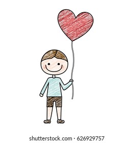 color pencil drawing of caricature of smiling kid with t-shirt and short pants with balloon in shape of heart vector illustration