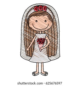 color pencil drawing of caricature woman in wedding dress with long hair vector illustration