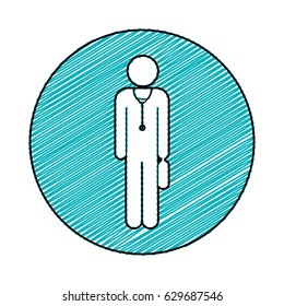 color pencil drawing circular frame of pictogram male doctor with stethoscope and first aid kit vector illustration