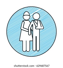 color pencil drawing circular frame of pictogram nurse with bandaged arm patient vector illustration
