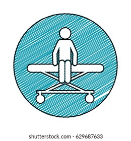 color pencil drawing circular frame of pictogram patient sit in stretcher clinical vector illustration