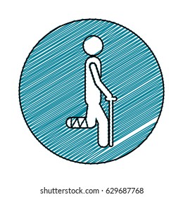 color pencil drawing circular frame of pictogram bandaged leg patient icon flat vector illustration