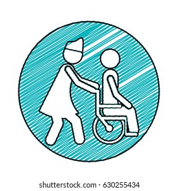 color pencil drawing circular frame with nurse helping another person push a wheelchair vector illustration