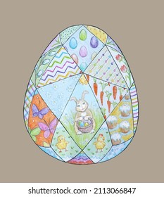 Color pencil drawing. Easter egg faces in patterns. Carrots, bunny, Easter cakes, chickens, flowers. Easter card.