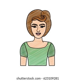 color pencil drawing of half body woman with green t-shirt and pin up swirl hairstyle vector illustration