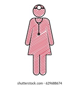 color pencil drawing of pictogram female doctor with uniform vector illustration