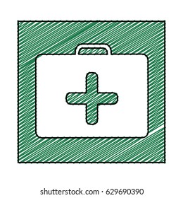 color pencil drawing square frame with first aid kit with cross shape inside vector illustration