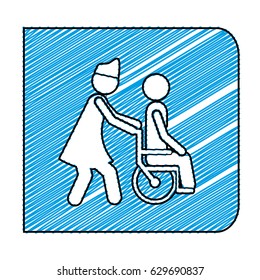 color pencil drawing square frame with nurse helping to person in wheelchair vector illustration