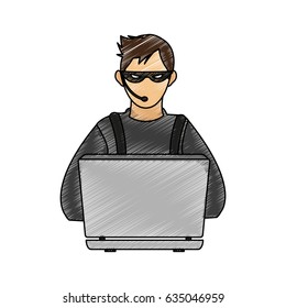 color pencil image cartoon hacker sitting at the desktop