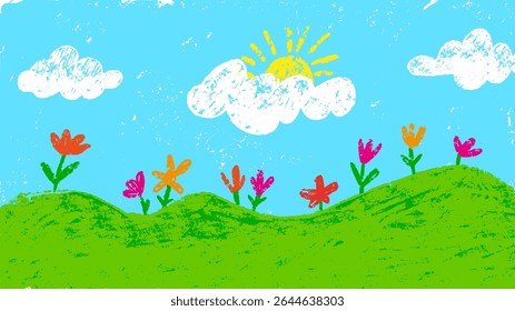 Color pencil nature landscape. Children crayon drawing style illustration. Green meadow, white clouds, sun and flowers. Neoteric vector scene