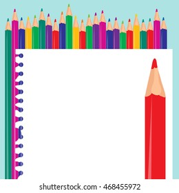Lápiz de color y papel del bloc de notas de vuelta al fondo escolar