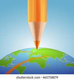 Color pencil points to the world map on planet earth.planning and target concept.Vector illustration eps 10