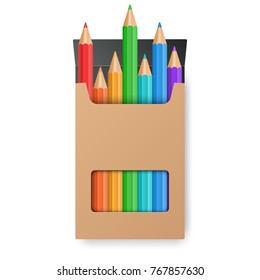 Color Pencil Set In The Yellow Box. Vector Eps10