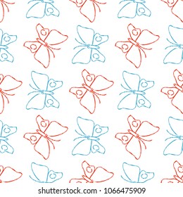 Color pencil sketch butterflies linear style seamless pattern background. Vector illustration