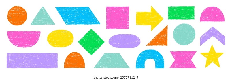 Color pencil texture figure set. Hand drawn sketch doodle crayon texture brush kid geometric shape circle, triangle, square pastel background. Childish crayon pencil figure vector illustration