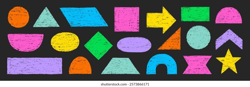Color pencil texture figure set. Hand drawn sketch doodle crayon texture brush kid geometric shape circle, triangle, square pastel background. Childish crayon pencil color figure vector illustration
