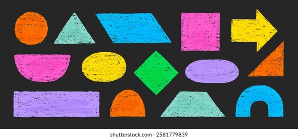 Color pencil texture figure set. Hand drawn sketch doodle crayon texture brush kid geometric shape circle, triangle, square pastel background. Childish crayon pencil figure vector illustration