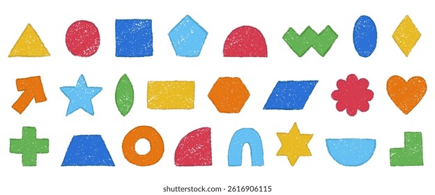 Color pencil texture figure set. Geometric shapes hand drawn with crayon. Colored pencil or charcoal textured kids design objects. Vector illustration isolated on a white background