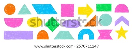 Color pencil texture figure set. Hand drawn sketch doodle crayon texture brush kid geometric shape circle, triangle, square pastel background. Childish crayon pencil figure vector illustration