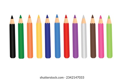 Conjunto de vectores de lápiz de color. De vuelta al concepto escolar. Vector de suministros escolares. Vector plano aislado sobre fondo blanco.  Crayon. Arreglado en silencio. Concepto de aprendizaje y educación.