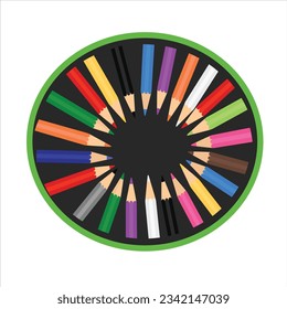 Farbstift-Vektorset. Zurück zum Schulkonzept. Die Schule liefert Vektorgrafik. Flache Vektorgrafik einzeln auf weißem Hintergrund.  Crayon. Lose arrangiert. Lernkonzept und Bildungskonzept.
