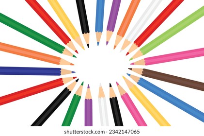Color pencil vector set. Back to school concept. School supplies vector. Flat vector isolated on white background.  Crayon. Loosely arranged. Learning and education concept.