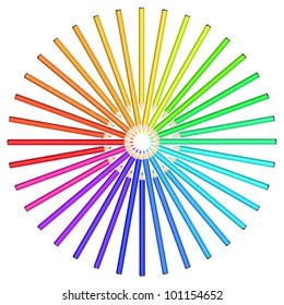 Color pencils arranged in a circle. Rainbow spectrum on a white background. Diffraction of light.