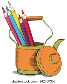 Color pencils in a bright orange teapot. Vector illustration.