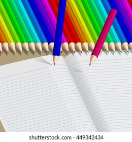 color pencils and empty notebook vector background