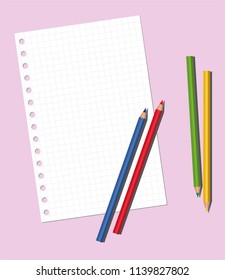 Color pencils and grid sheeton a pink background, copy space. Vector illustration