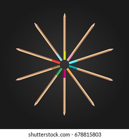 Color pencils on black background. Back to school concept for web, banners and creative design. Vector illustration