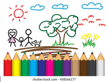 Color pencils on Child draw background, Vector illustrator.