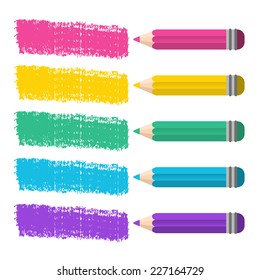 Color pencils on white background with rainbow lines with place for text. Vector illustration.