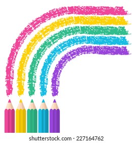 Color pencils on white background with rainbow lines. Vector illustration.