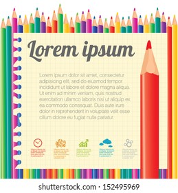 Lápices de colores y papel. Plantilla de vectores.