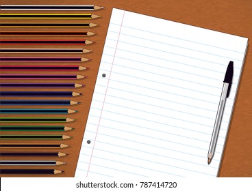 Color Pencils, Pen and Exam Pad Notebook Paper on Brown Wooden Background