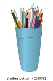 Color pencils in the plastic container.